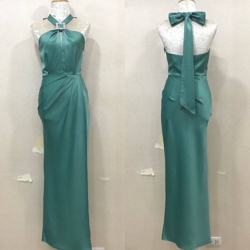 High Quality Ladies Halter Neck Tie Rhinestone Decor Evening Party Dresses